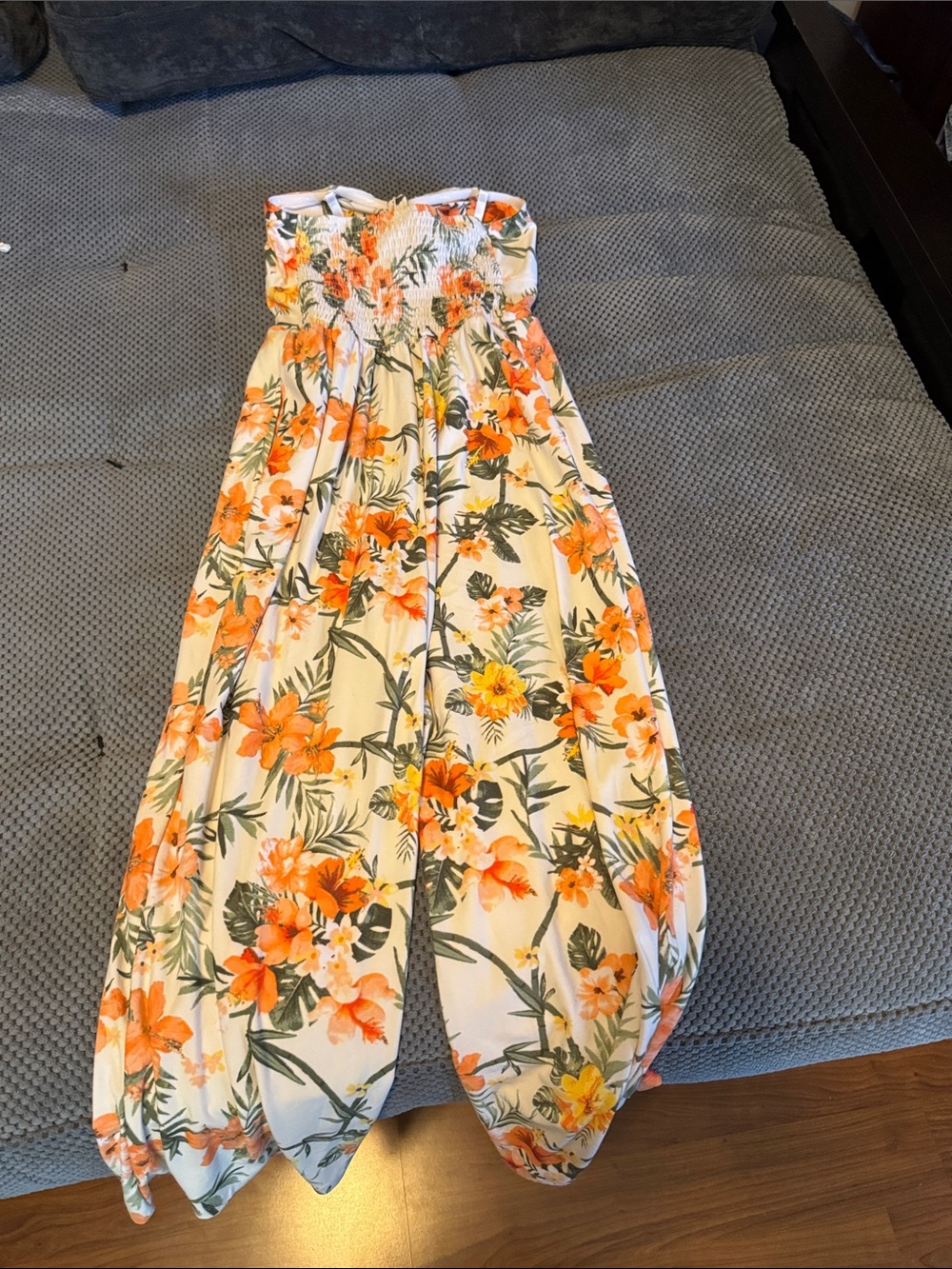 Cream Strapless Tropical Floral Jumpsuit with Orange Accents - Picture 4 of 5